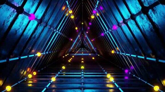 明亮的霓虹灯三角隧道与明亮闪烁的多彩灯在隧道和霓虹灯闪烁