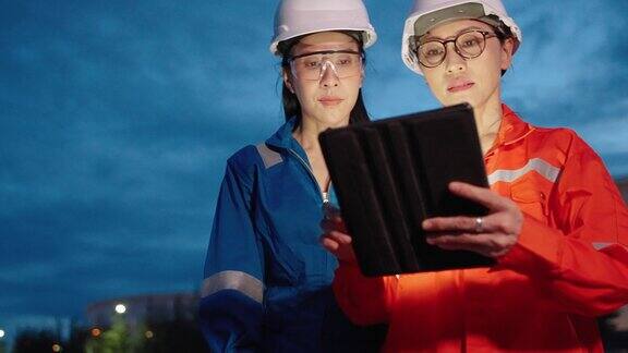 两名亚洲女性检验工程师在晚上用笔记本电脑检查炼油厂和炼油厂的生产质量研究和开发能源生产