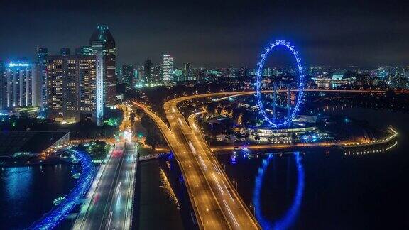 夜间灯光交通道路和著名的新加坡飞人4k时间流逝