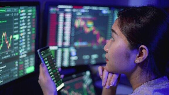 年轻的女商人使用多个电脑屏幕学习和交易加密货币和股票市场和交易所同时工作到深夜