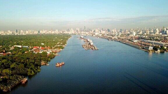 湄南河鸟瞰图曼谷市中心亚洲智慧城市