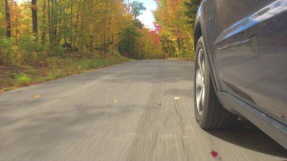 特写:在阳光明媚的秋天越野车轮胎行驶在空旷的森林道路上