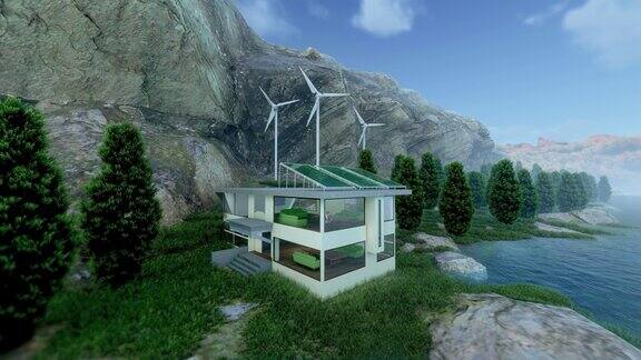 带有太阳能板的现代节能房屋融合科技与生态葡萄园太阳能电池板风车