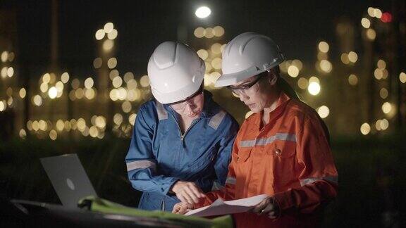 亚洲女工程师晚上在炼油厂工作