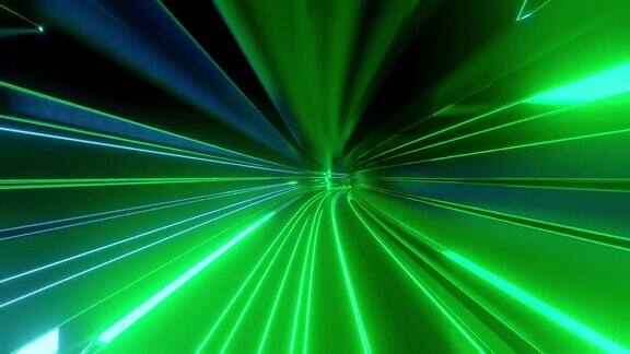 带有霓虹灯的4k环形抽象高科技隧道摄像机穿越隧道蓝绿霓虹灯闪烁科幻背景的赛博朋克风格或高科技未来背景5