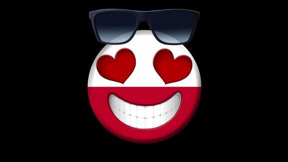波兰动画的笑脸与波兰国旗太阳镜和心形眼睛动画Emoji黑色背景上的笑脸图标动画表情符号运动设计视频波兰旅游