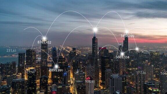 PAN芝加哥城市和5G网络概念日落到夜晚的过渡