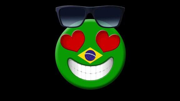 巴西动画的笑脸与巴西国旗太阳镜和心形眼睛动画Emoji黑色背景上的笑脸图标动画表情符号运动设计视频巴西旅游