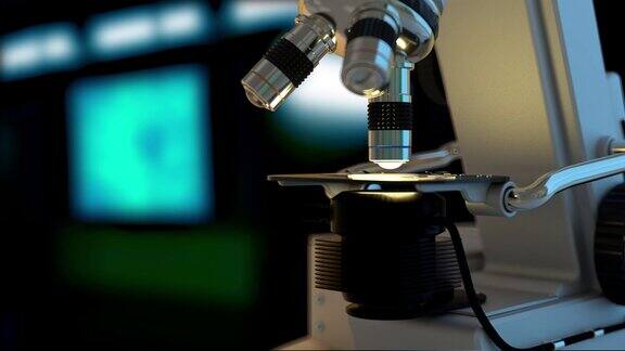 医学研究概念-科学显微镜在蓝色散焦背景下自动工作4K超高清60fps3D动画