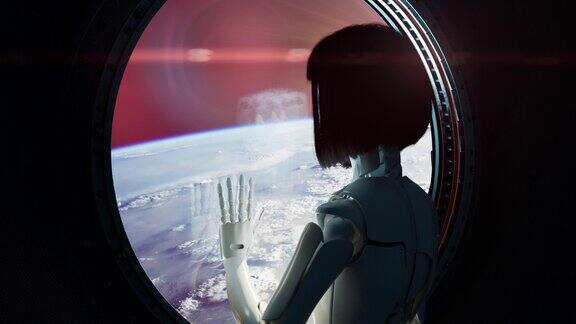 机器人女孩把她的手靠在宇宙飞船的窗户上