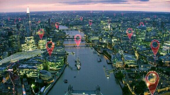 伦敦的本地化图标一个智慧和未来城市的鸟瞰图著名的桥梁和建筑完美地说明概念:数据通信人工智能物联网红色的8k