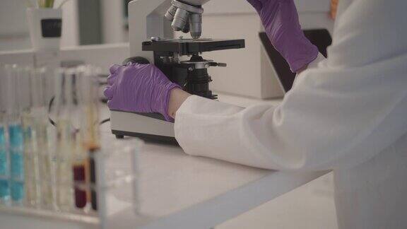 研究人员在她的实验室里使用显微镜