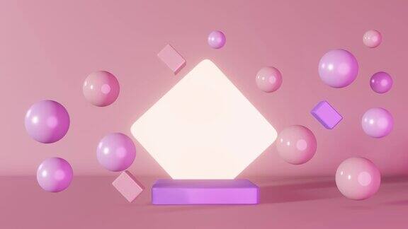 紫色粉色霓虹灯立方体讲台发光舞台飞行球体3d动画循环4K几何基座设计几何构成化妆品产品闪亮的展柜最小场景展示背景