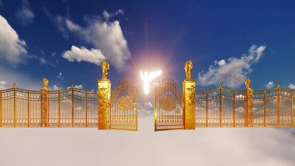 金色的天堂之门和明亮的天使在蓬松的云朵上4K
