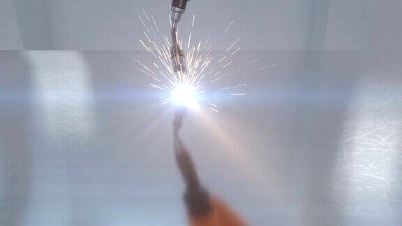 机械臂切割金属板过程与火花和闪光3d动画特写工业和技术概念