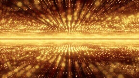 抽象的黄金能量高科技线条和数字粒子在隧道中飞行具有散景效果发光的背景4k视频60fps