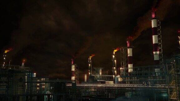 夜间的天然石油或火力发电厂-大型工业设施虚构的循环视频