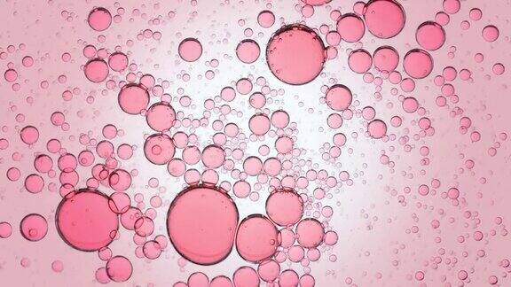 粉红色的透明气泡在透明液体中自发运动