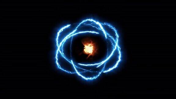 彩色炽热的原子球圈魔术闪亮的旋转环围绕着一个黑色的背景核心