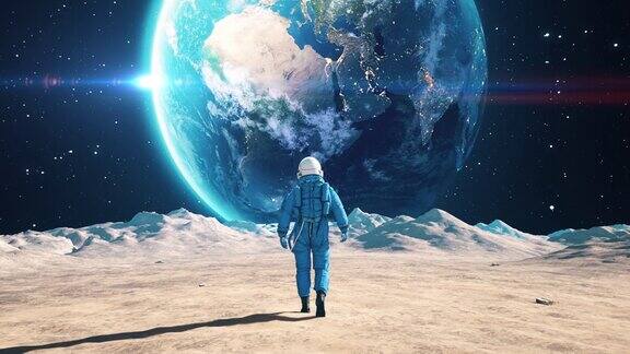 宇航员在月球上慢动作行走可见行星地球