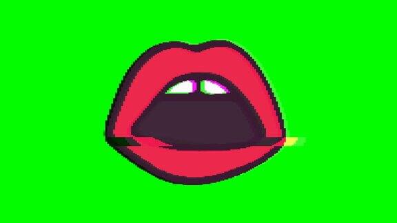 张开嘴或嘴唇与绿色背景的小瑕疵效果Emoji运动图形