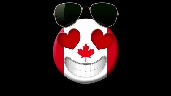 加拿大动画的笑脸与加拿大国旗太阳镜和心形的眼睛动画Emoji黑色背景上的笑脸图标动画表情符号运动设计视频