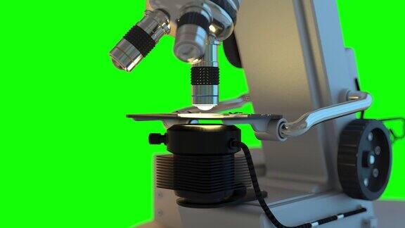 4K医学研究概念-科学显微镜工作自动隔离在绿色屏幕上chromakey使用超高清60帧每秒3D动画