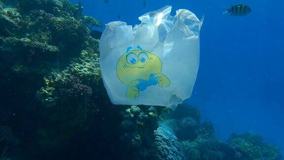 白色的塑料购物袋在美丽的珊瑚礁附近漂浮热带鱼在它周围游泳塑料垃圾环境污染问题(4k-60fps)