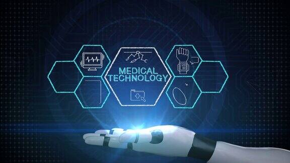“医疗技术”和各种未来的医疗技术图标机器人半机械人手臂4k动画
