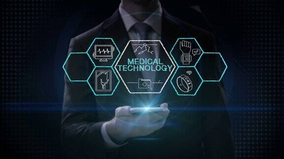 商人滑动触摸智能手机“医疗技术”和各种未来医疗技术图标六边形4k动画