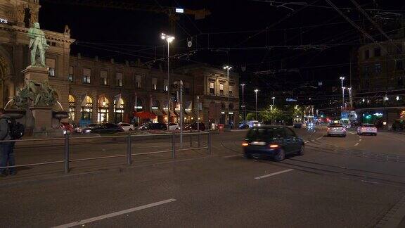 夜间时间苏黎世城著名火车站交通广场全景4k瑞士