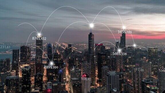 TU鸟瞰图芝加哥城市和5G网络概念日落到夜晚的过渡