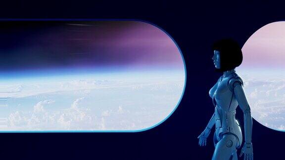 机器人女孩一动不动地坐着望着飞船的窗外