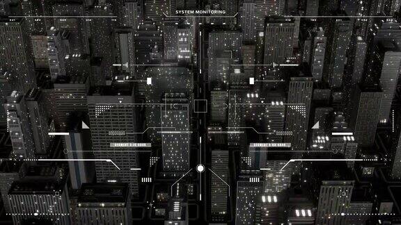 HUD未来之夜摩天大楼视觉安全系统检查4K运动