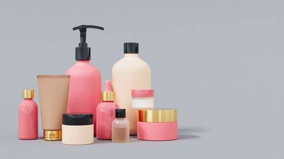 组不同的粉红色和米色玻璃和塑料化妆品瓶和罐子3D渲染