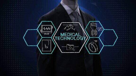 商人触摸“医疗科技”和各种未来医疗科技图标六边形4k动画