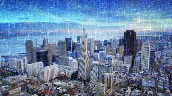 连接旧金山的金融区鸟瞰图加州美国未来的网络技术电路板物联网