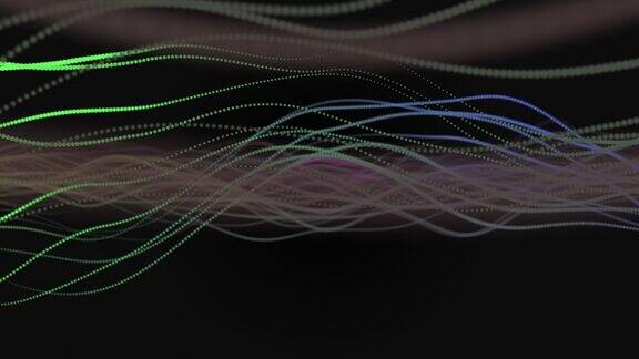 彩色抽象波浪粒子线在黑暗的背景
