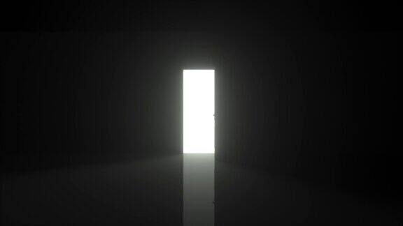 黑暗房间的门打开4K分辨率的明亮白光充满整个空间光线穿过打开门的3D渲染动画