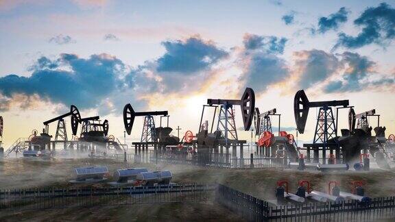 油泵石油工业设备钻井井架剪影从油田在日落能源危机