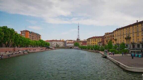 意大利天光米兰城著名运河全景4k时间