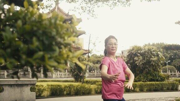 活跃的亚洲年长女性在公园里打太极