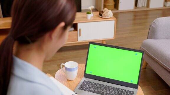 女人看笔记本电脑的绿屏