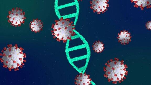 Covid-19细胞在蓝色背景上的DNA结构