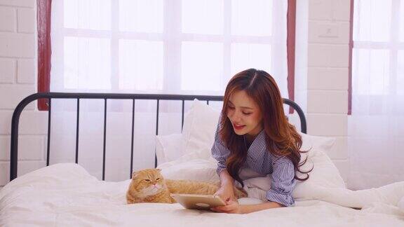 亚洲美女在家里和家猫玩得很开心美丽的年轻女主人躺在床上感到快乐和放松在卧室里与她的宠物动物度过闲暇时光
