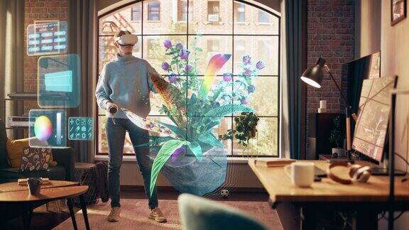 数字艺术家使用虚拟现实设计软件在家里创建一个3D艺术品:设计一个时尚的房子植物艺术品女性设计师使用VR头盔和控制器