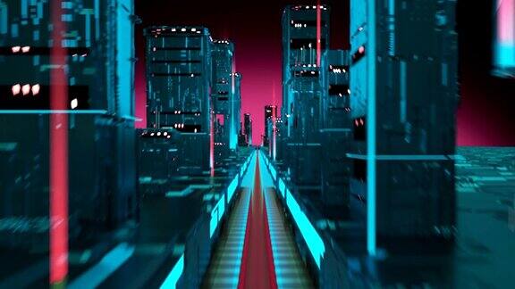 3D动画数字城市之间的摩天大楼之间的道路从服务器