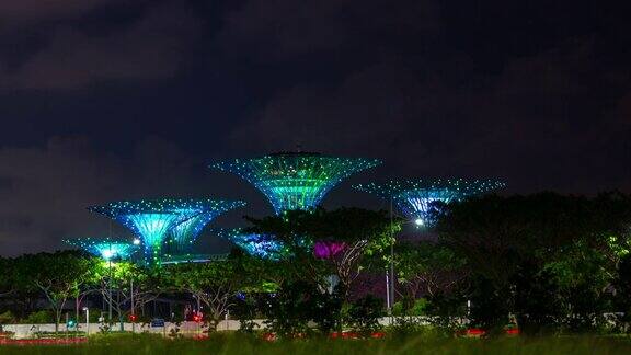 夜间照明新加坡城市著名花园展示全景4k时间