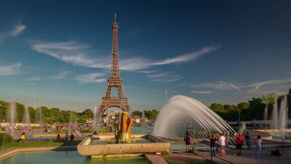 阳光明媚的一天美丽的天空巴黎城著名的塔公园广场喷泉延时全景4k法国
