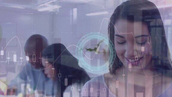动画的时钟统计和财务数据处理的女商人使用平板电脑